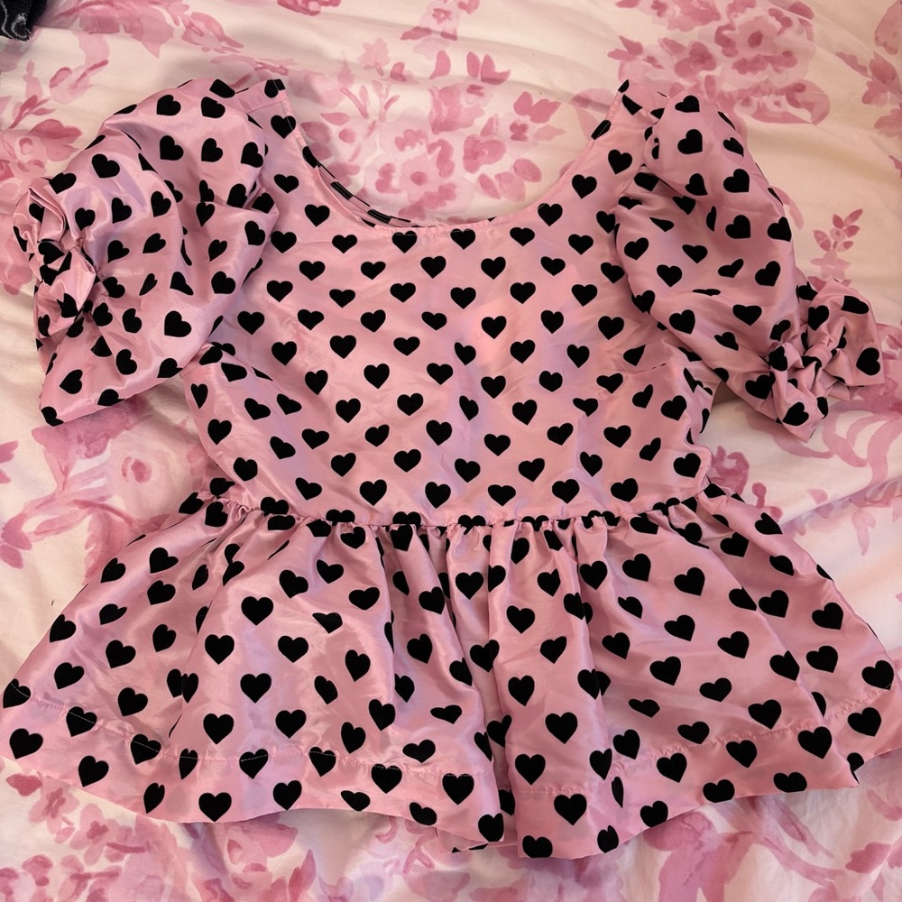 NWT Loveshackfancy pink Keily top with black velvet hearts